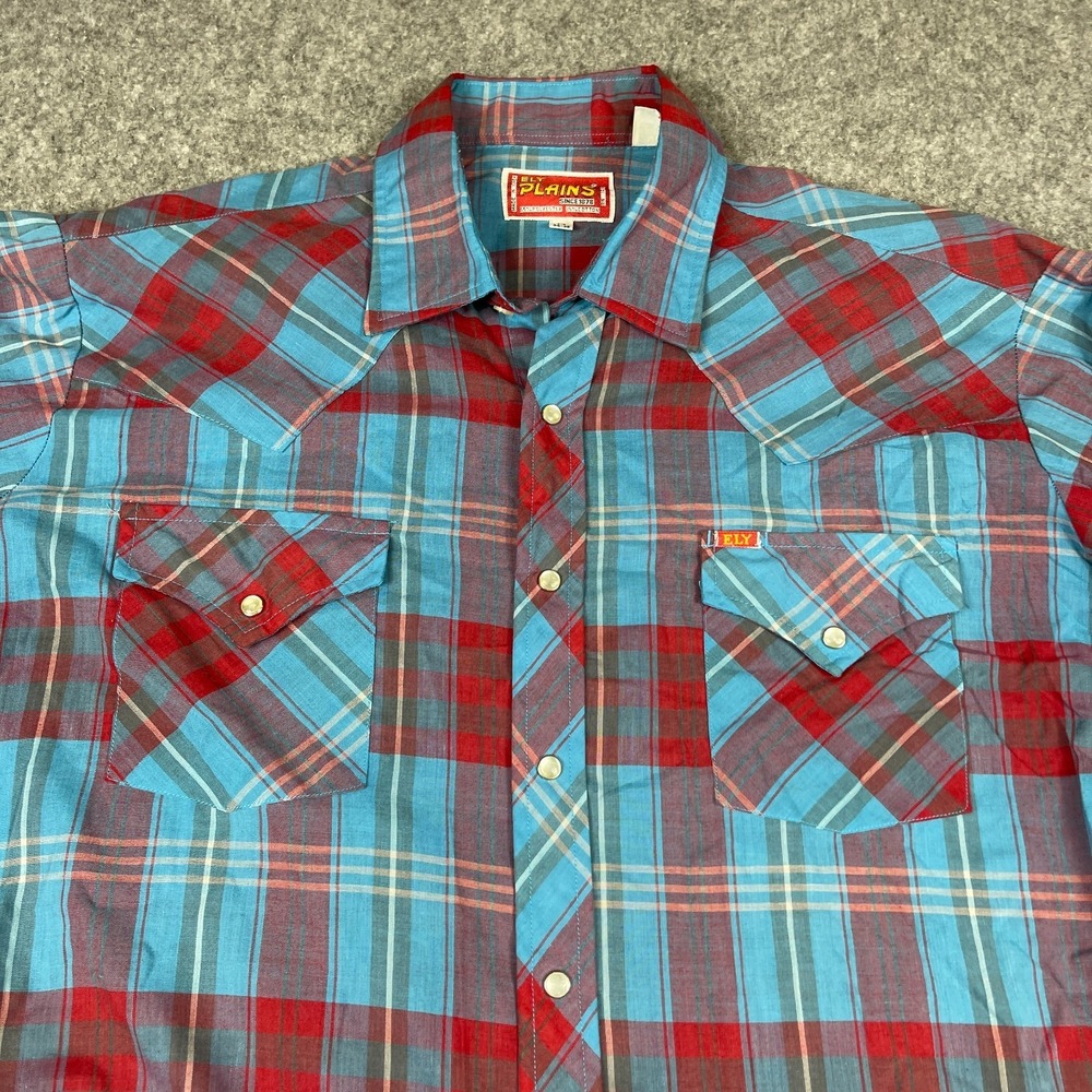 VTG  ELY PLAINS Western Shirt Men XL 17 34/35 Pearl Snap Blue Plaid Cowboy Rodeo